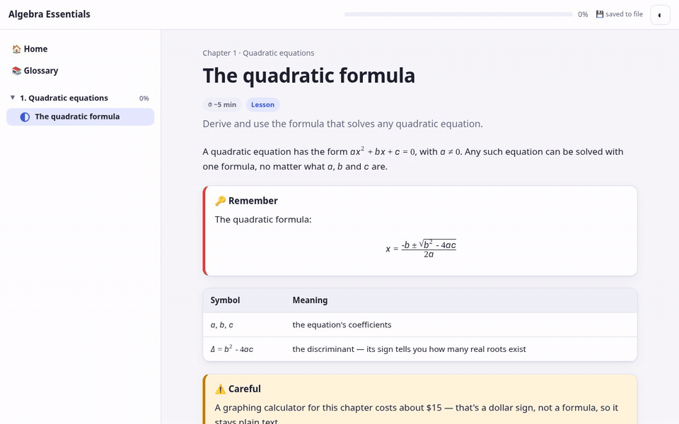 Demo of a math course with rendered formulas, a quiz and flashcards