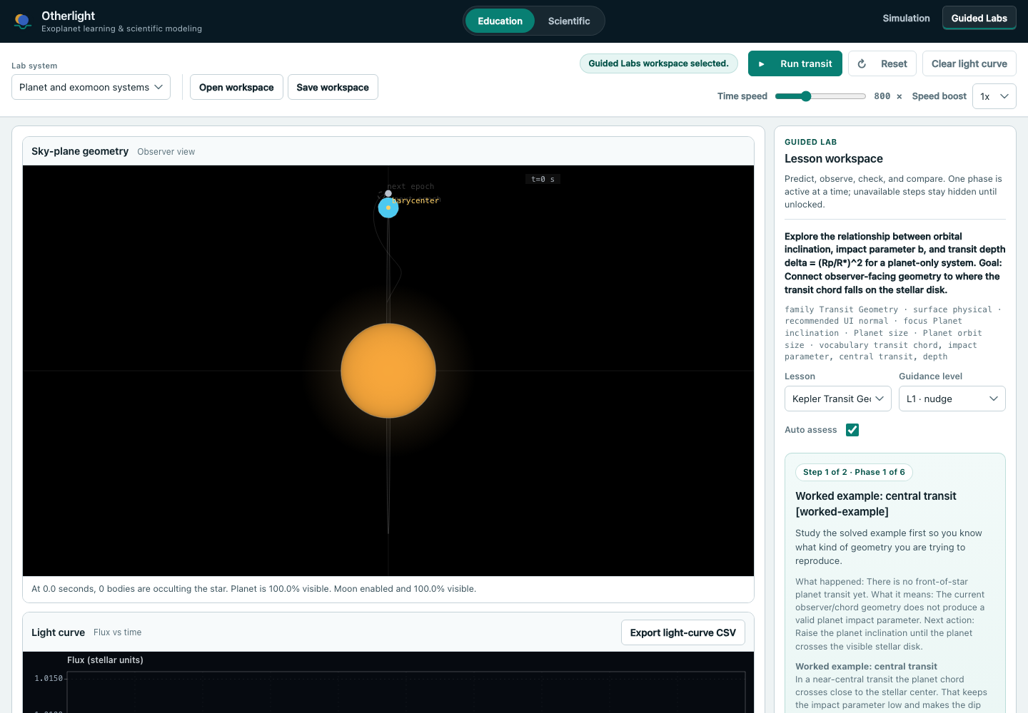 Otherlight Guided Lab workspace showing a learning prompt and its supporting simulation evidence.
