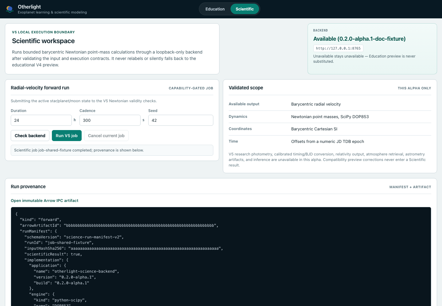 Otherlight Scientific workspace showing a completed radial-velocity contract replay and run provenance.