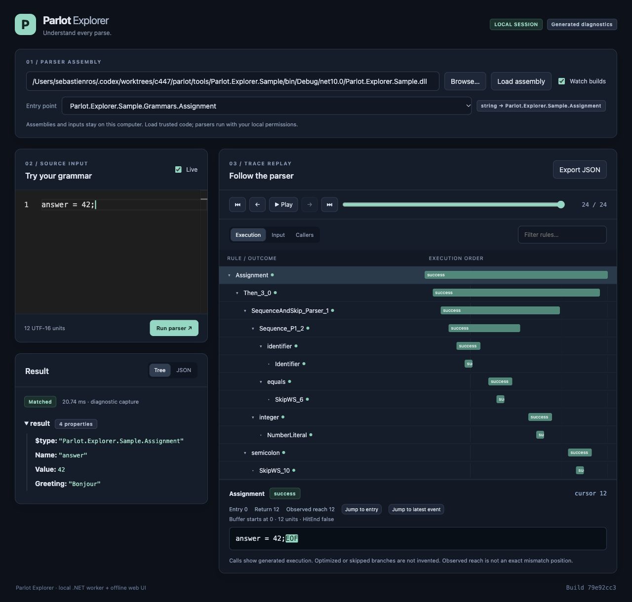 Parlot Explorer showing editable input, parser trace replay, and a structured result