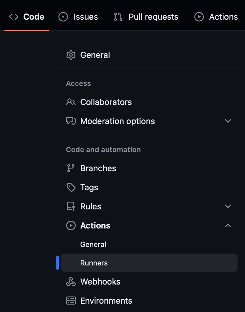 Actions and Runners menu