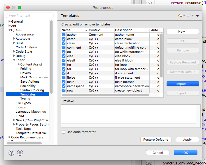 Objectively code templates in Eclipse CDT