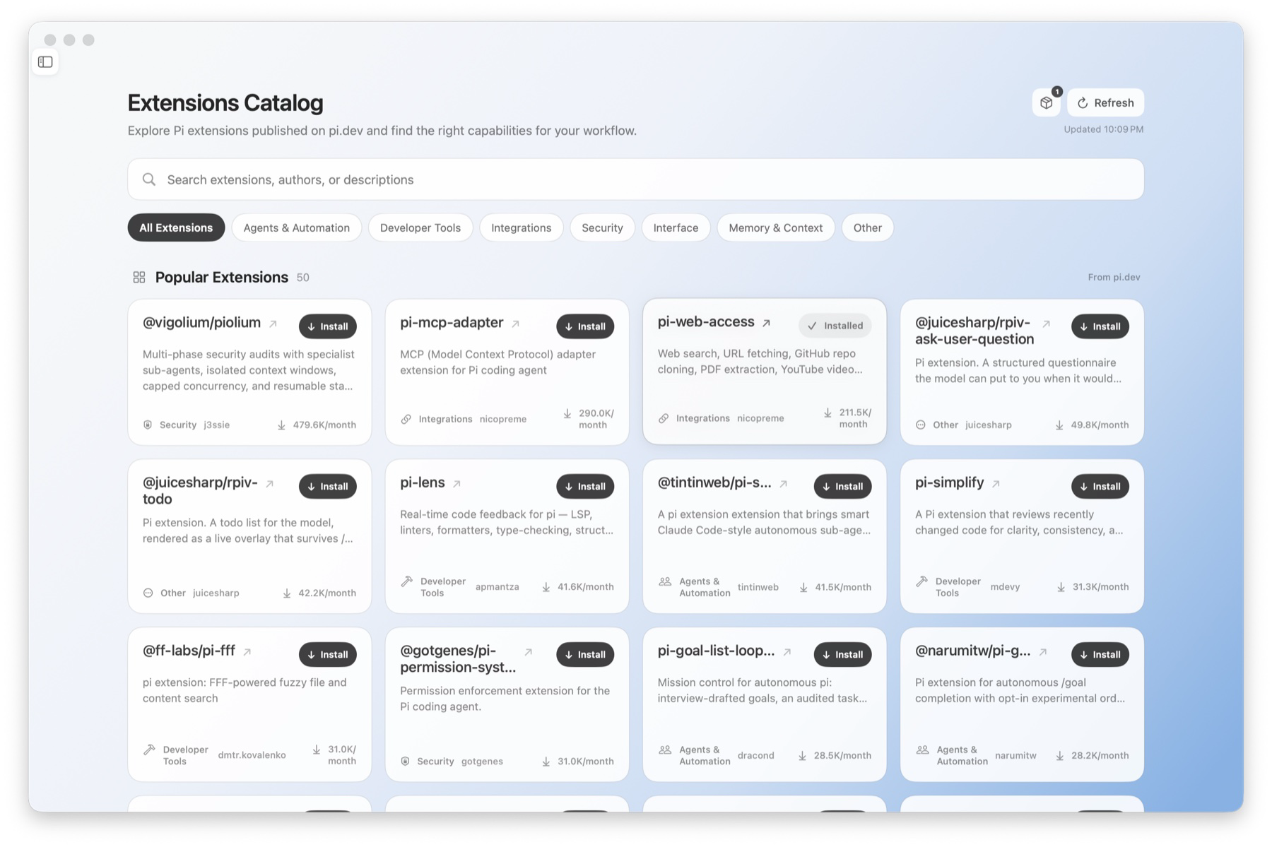 Manage Pi Coding Agent extensions in pi-work
