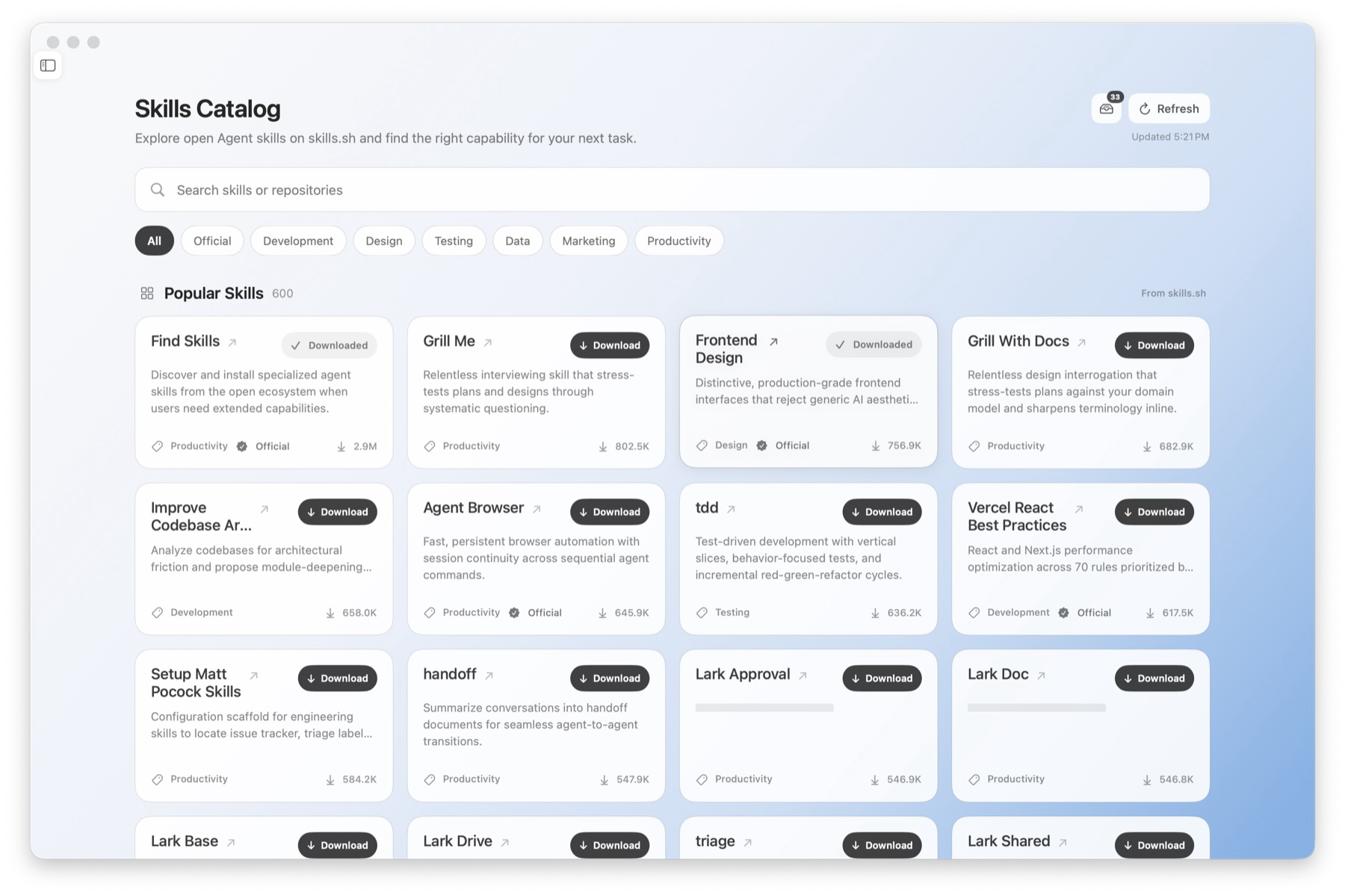 Browse and install Pi skills in the pi-work macOS app
