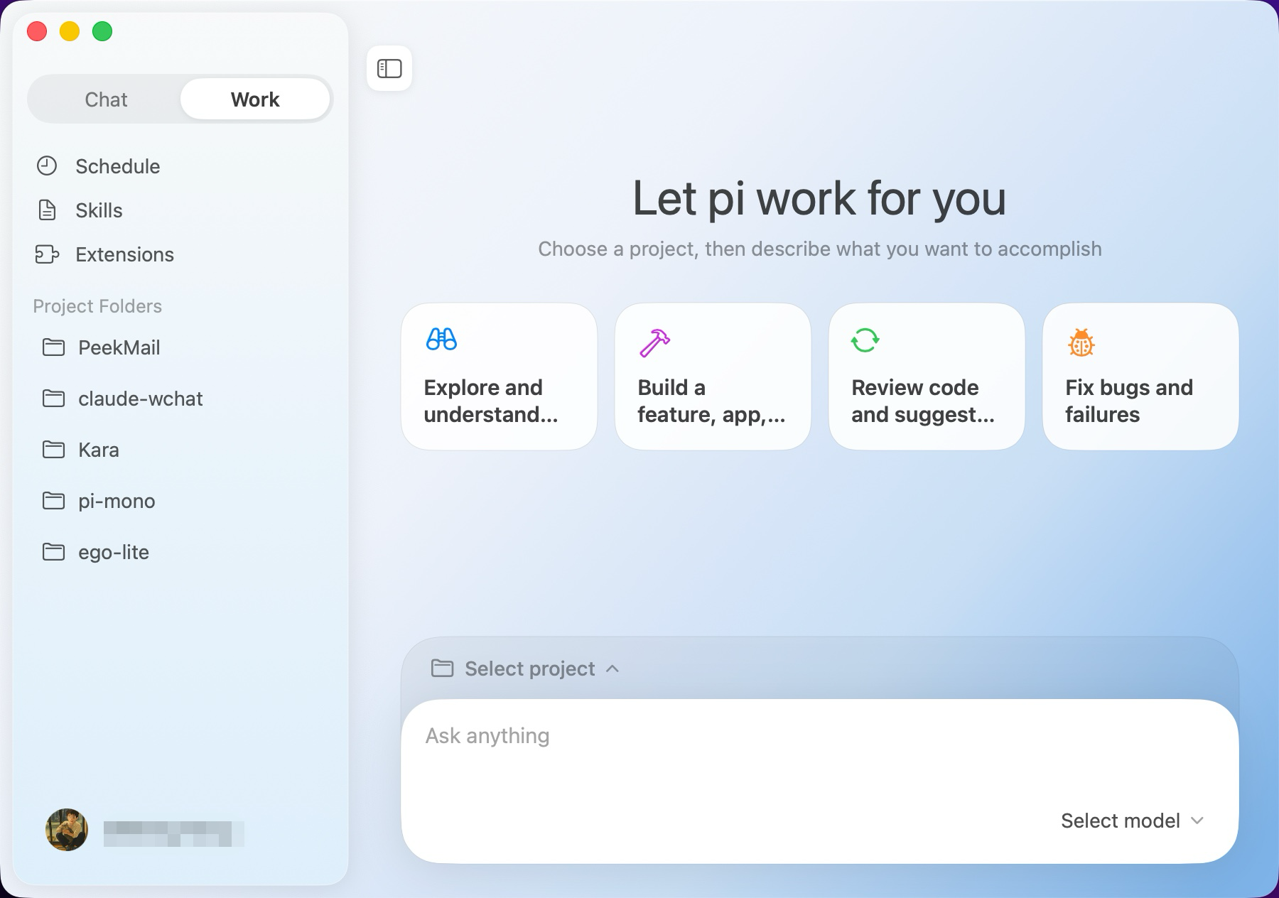 Pi Coding Agent running in pi-work's native macOS desktop interface