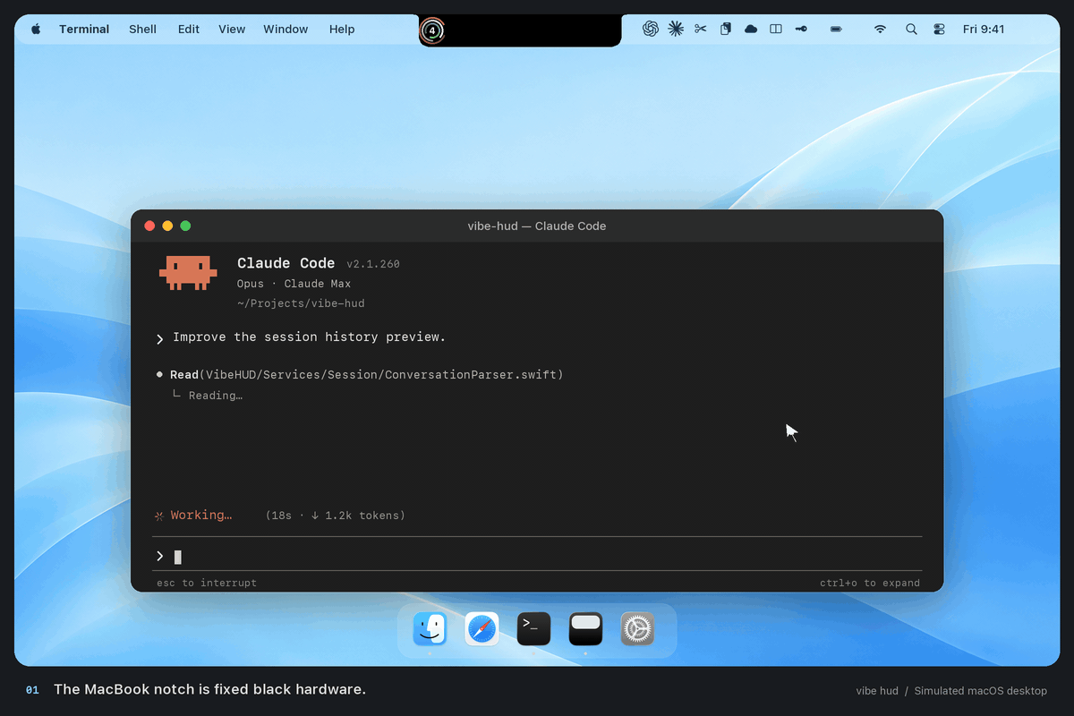 Animated macOS notch demo showing agent rings, active session counts, menu bar app icons kept visible to the right of the hardware notch when the HUD is collapsed, and sessions from Claude Code, Codex, WorkBuddy, and Cursor