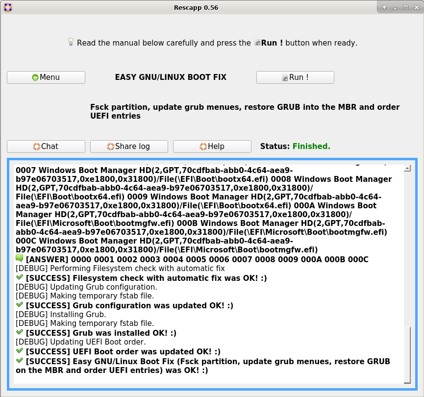 Rescapp 0.56 Easy GNU/Linux Boot Fix option finished its task