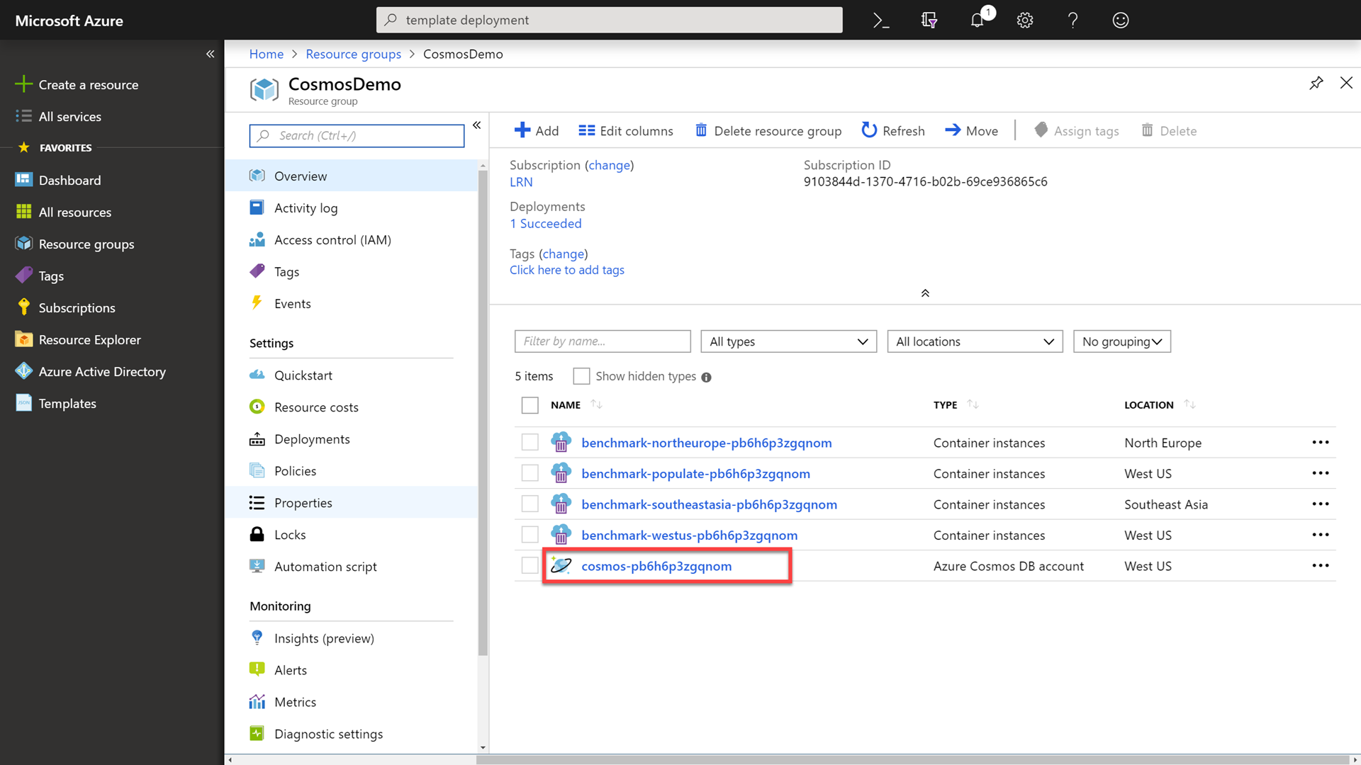 Selecting Azure Cosmos DB account