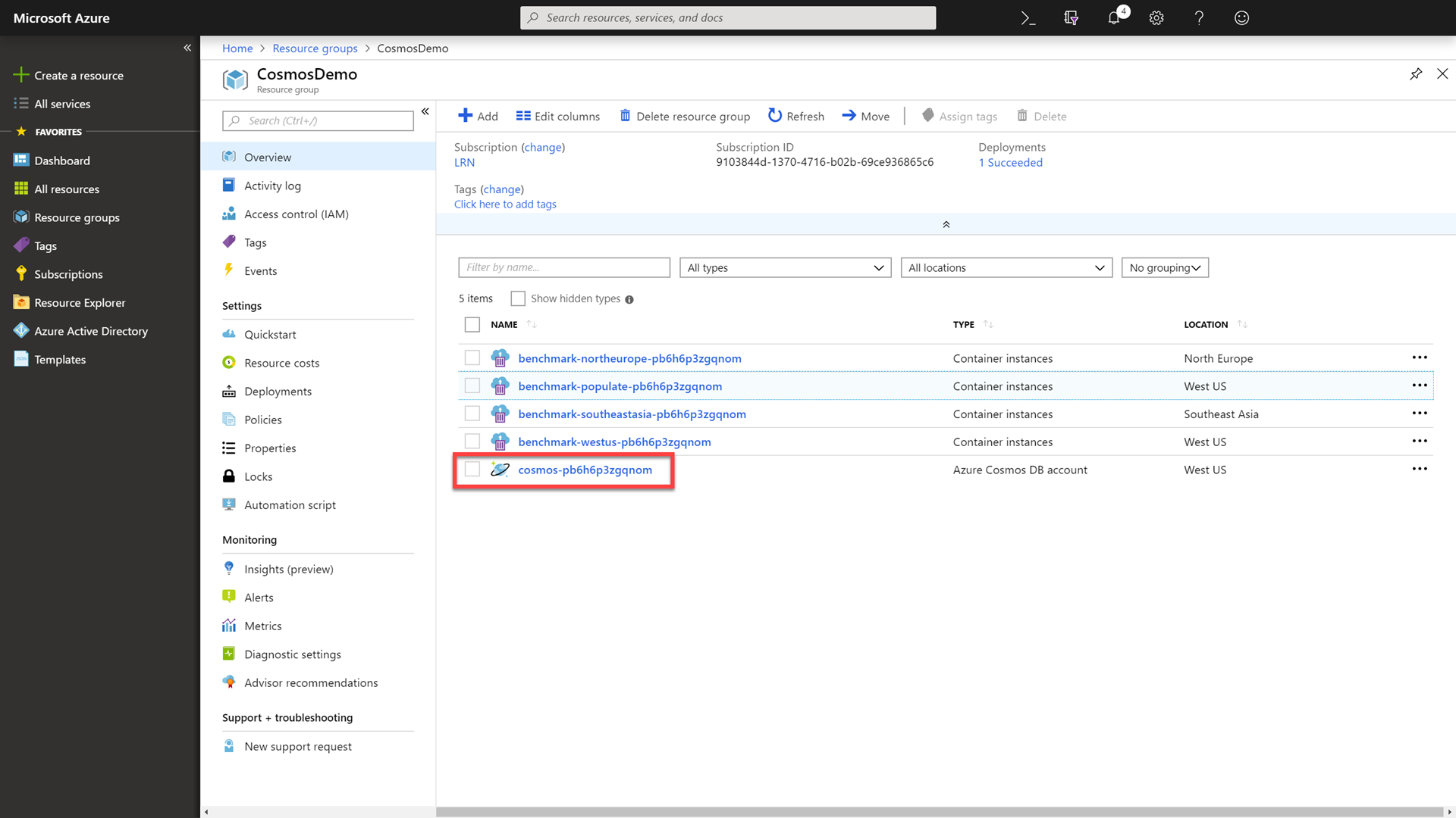 Selecting Azure Cosmos DB account