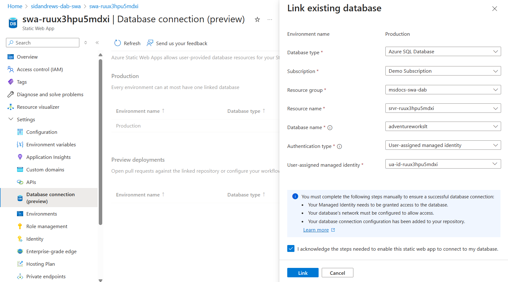 Screenshot of the database connection page for a static web app in the Azure portal.