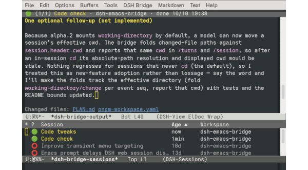 Screenshot of the dsh-emacs-bridge interface in Emacs