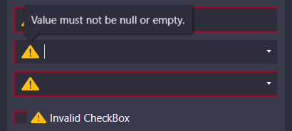 Data validation templates in dark color scheme