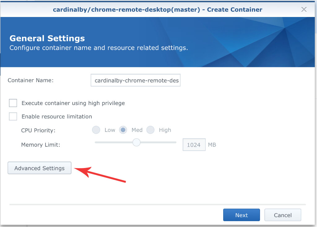 Create Container window