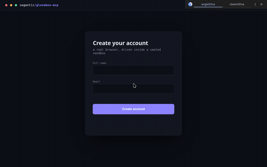 glovebox-mcp — an agent filling a sign-up form inside the sandbox