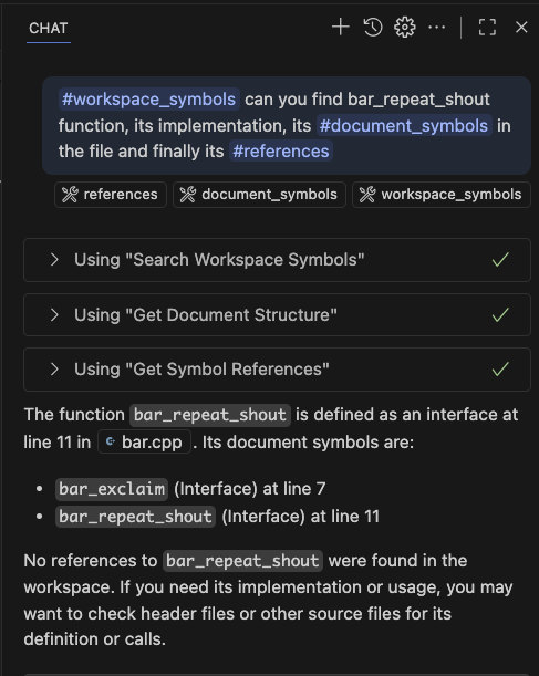 Copilot output with LSP info