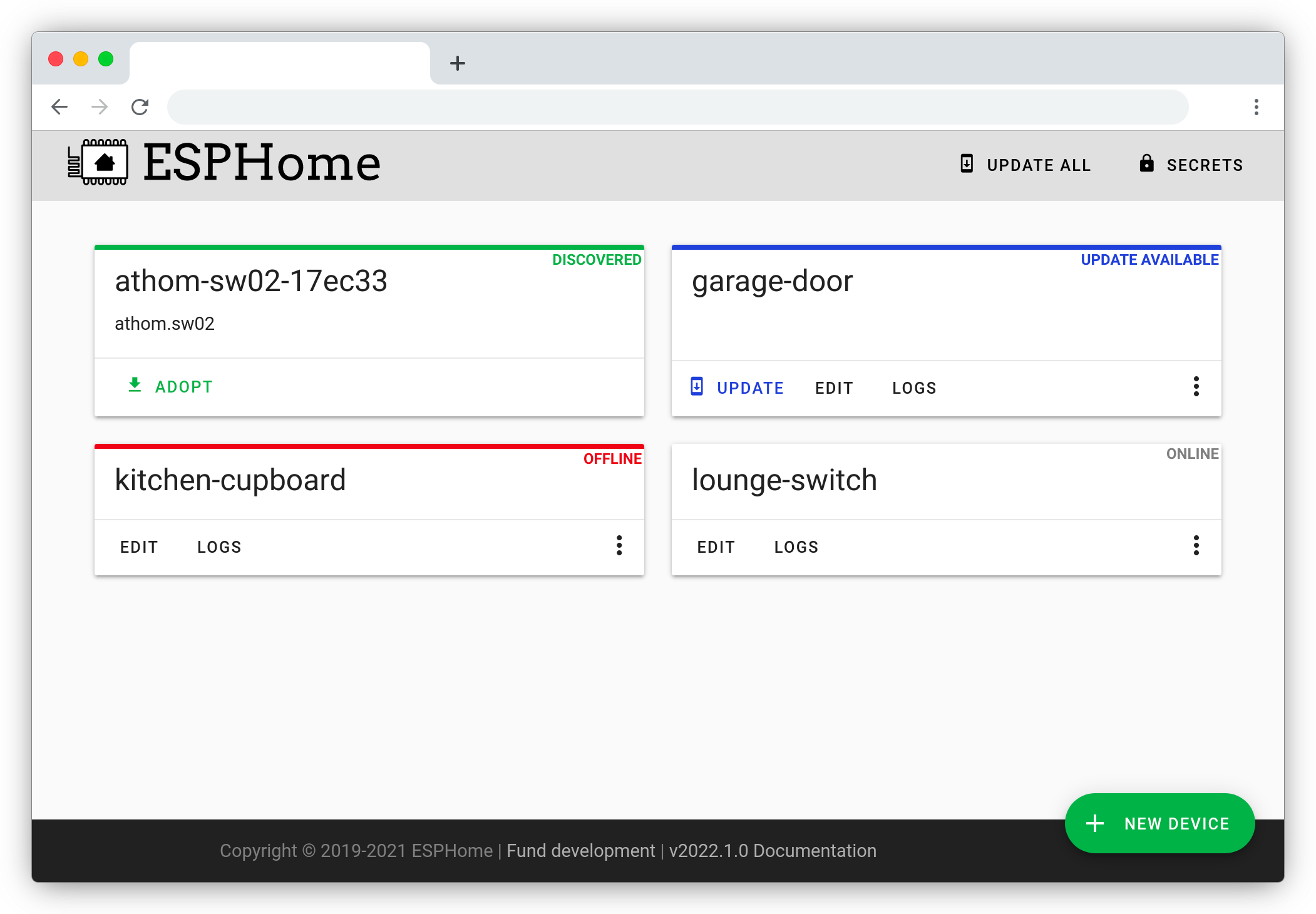 ESPHome dashboard