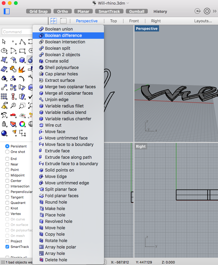 Example of using Rhino 5 to preform a boolean diff