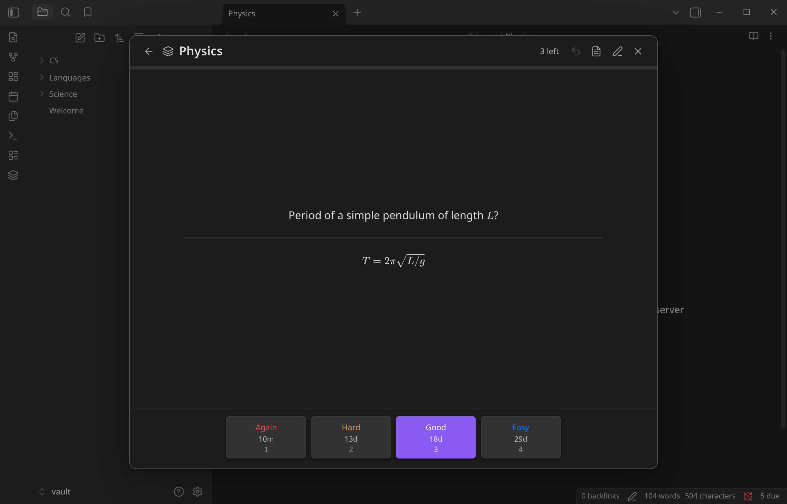 Reviewing a card with LaTeX, showing interval previews on the grade buttons