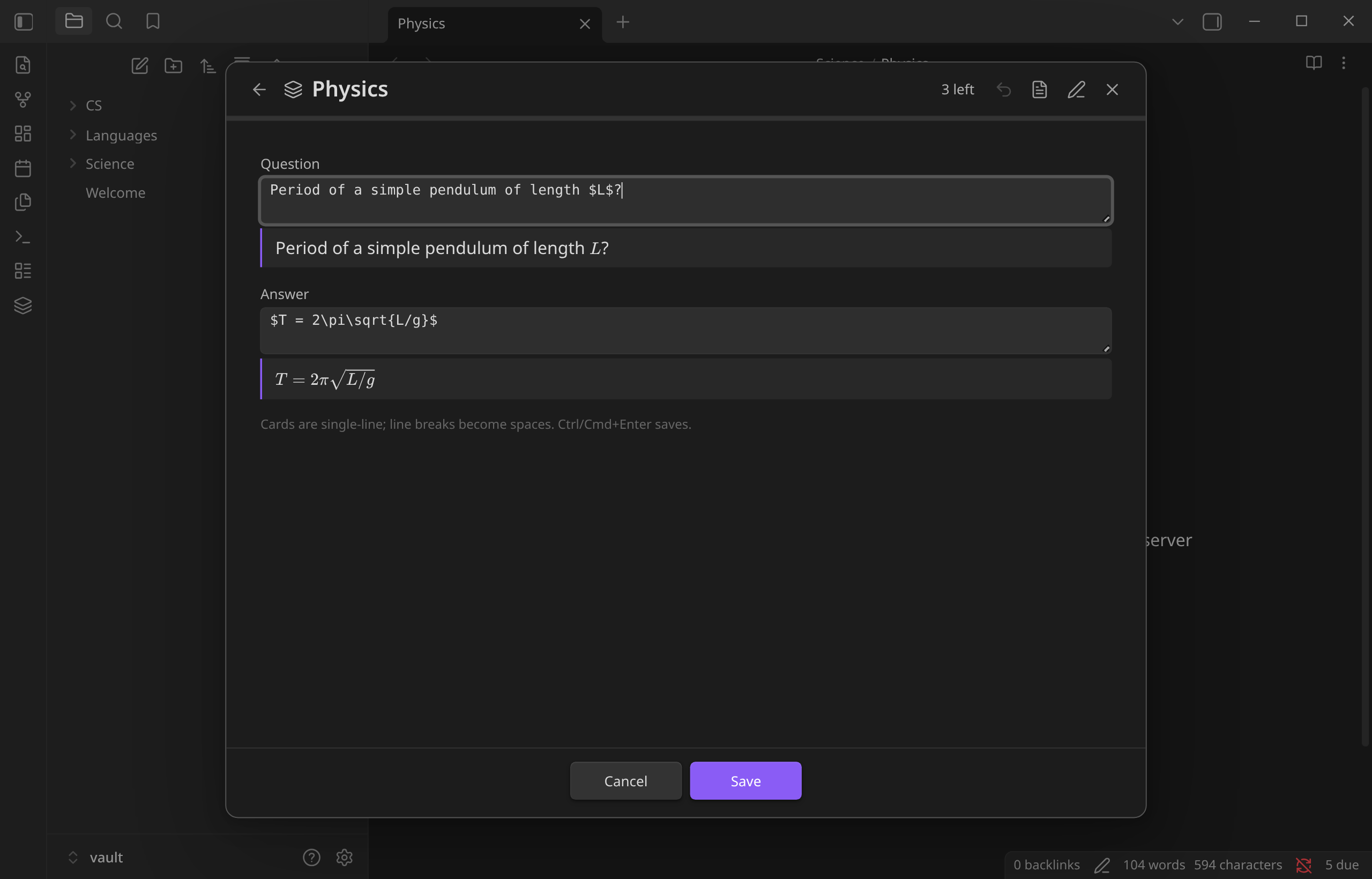 Editing a card with live LaTeX preview