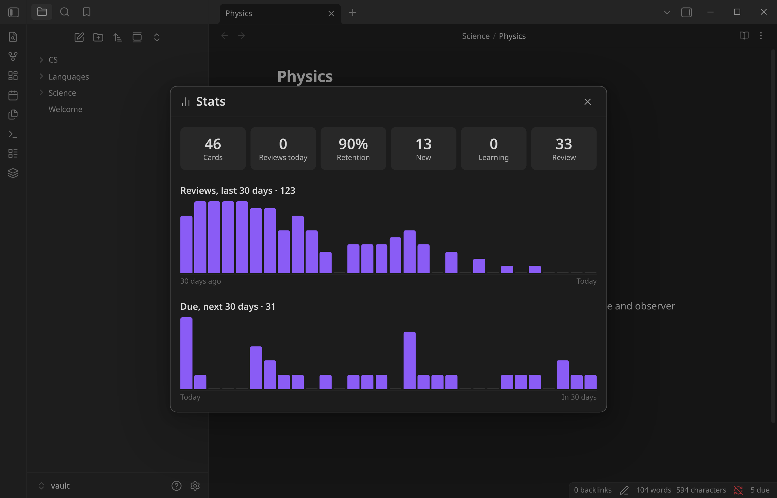 Stats: reviews per day, retention, due forecast