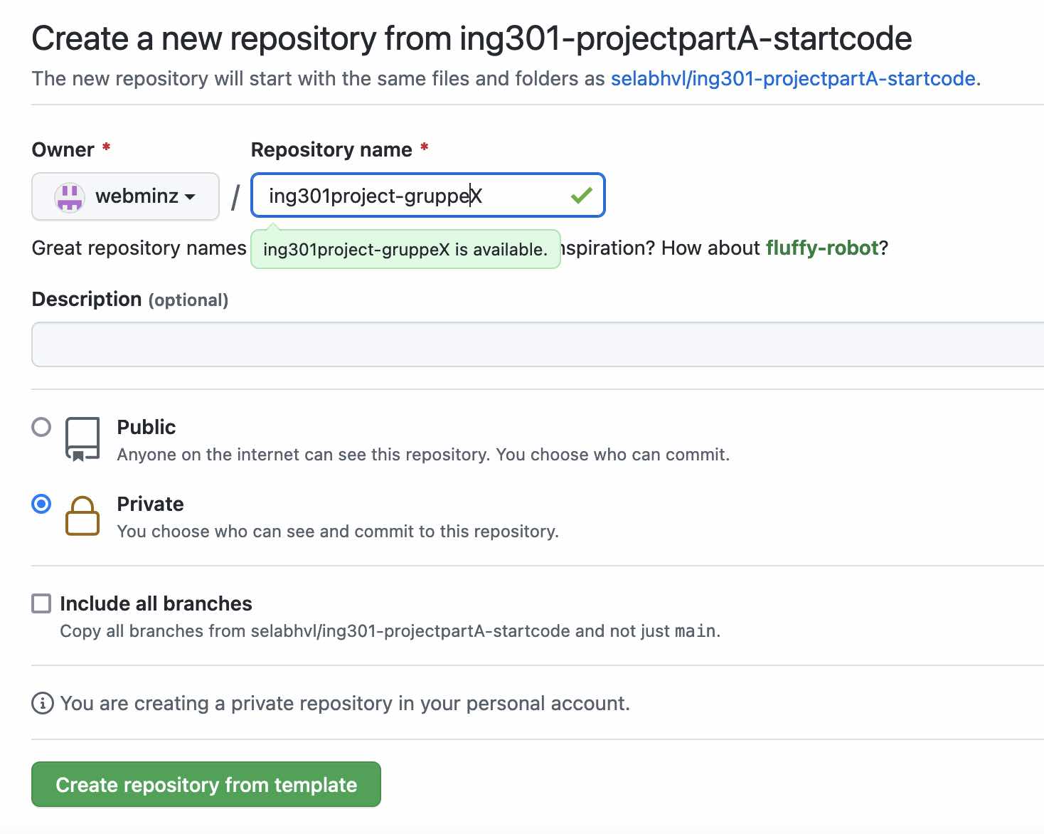 Skjermbilde: Hvordan man lager et nytt repository basert på en templat på GitHub
