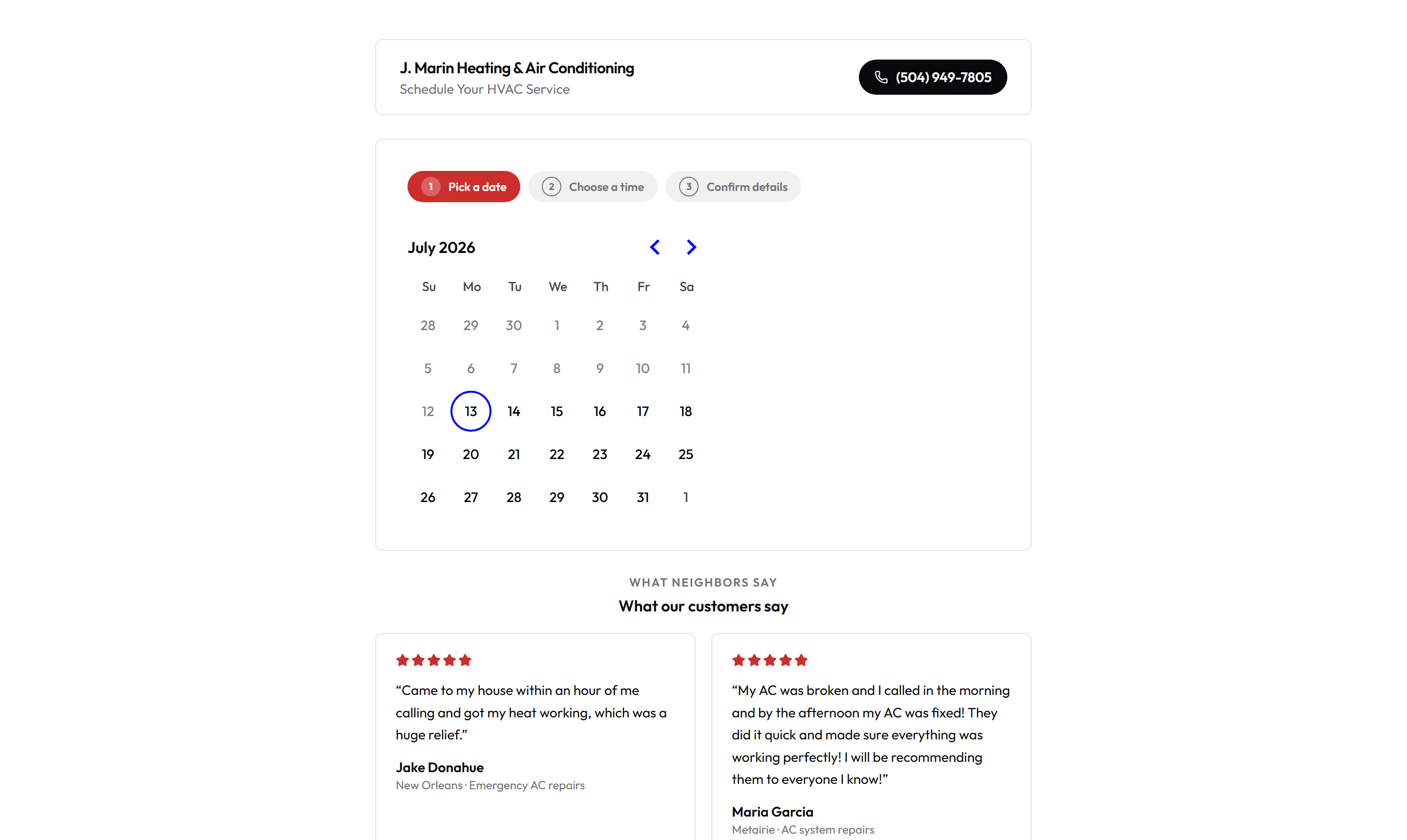 The same workspace's booking page — the real calendar the agent books against