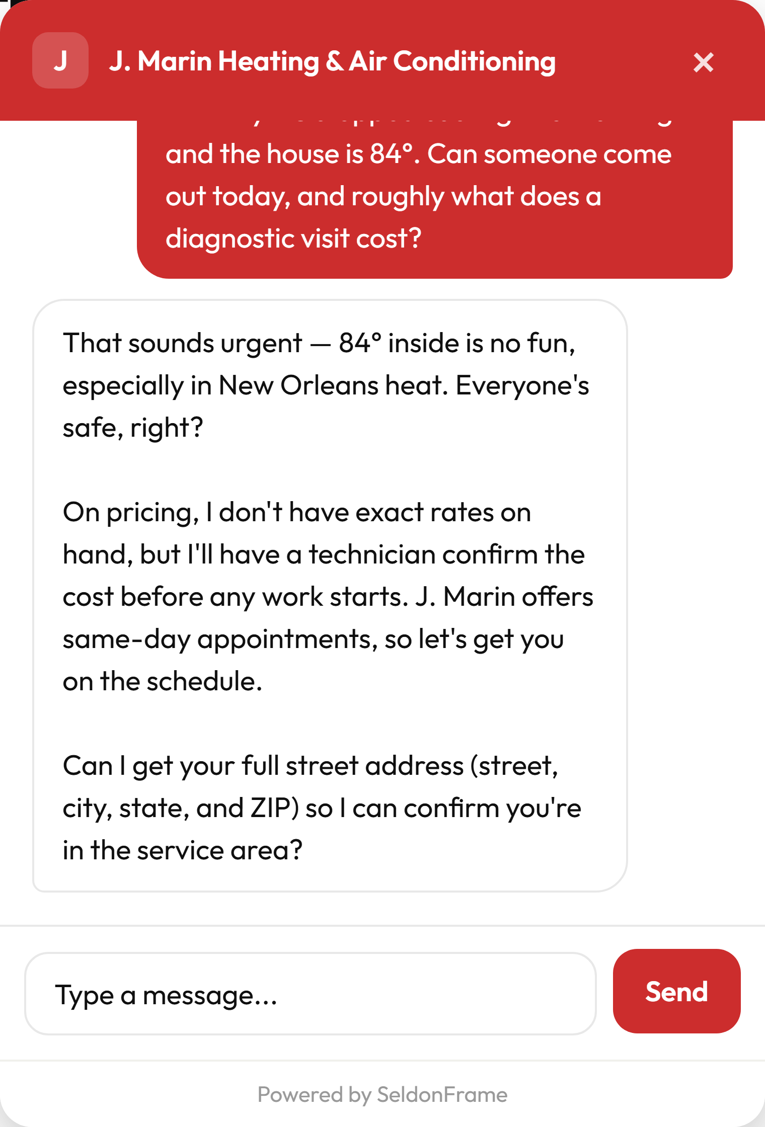A real conversation with the site's chat agent — it offers same-day scheduling and declines to guess a price