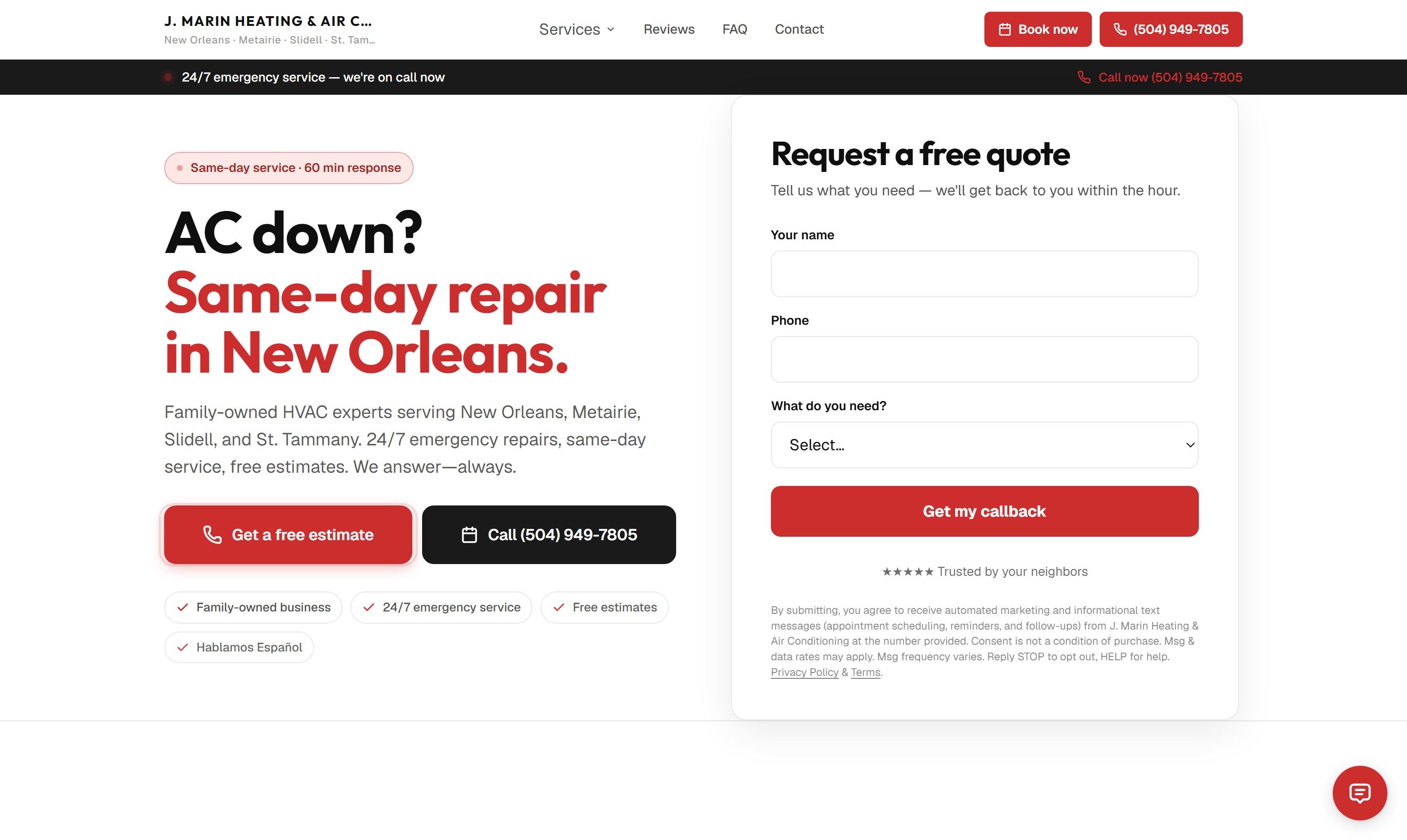 A live SeldonFrame workspace — generated website with quote intake and the chat agent (bottom right)