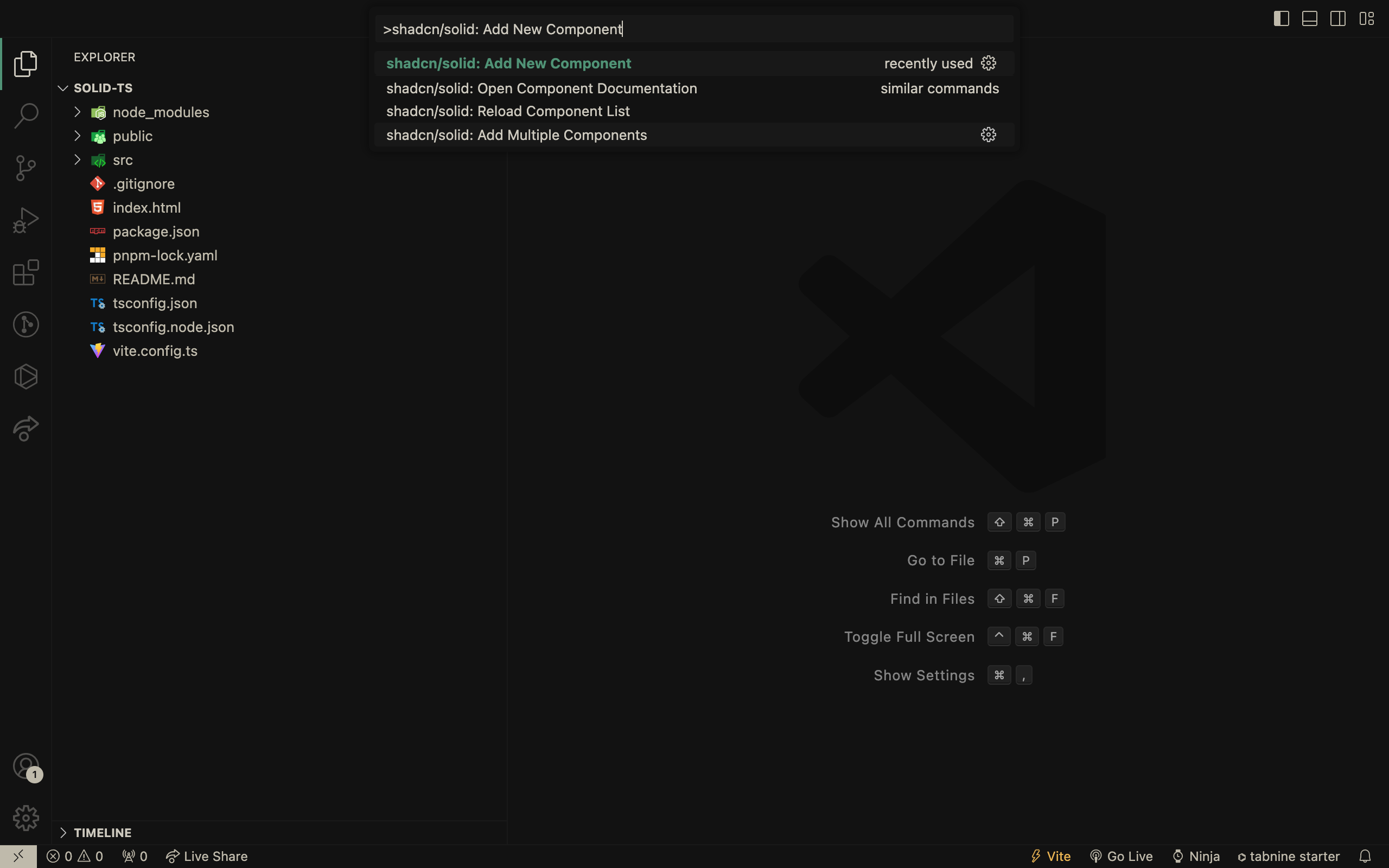 to initialize CLI open the command palette and search for shadcn/solid: add new component