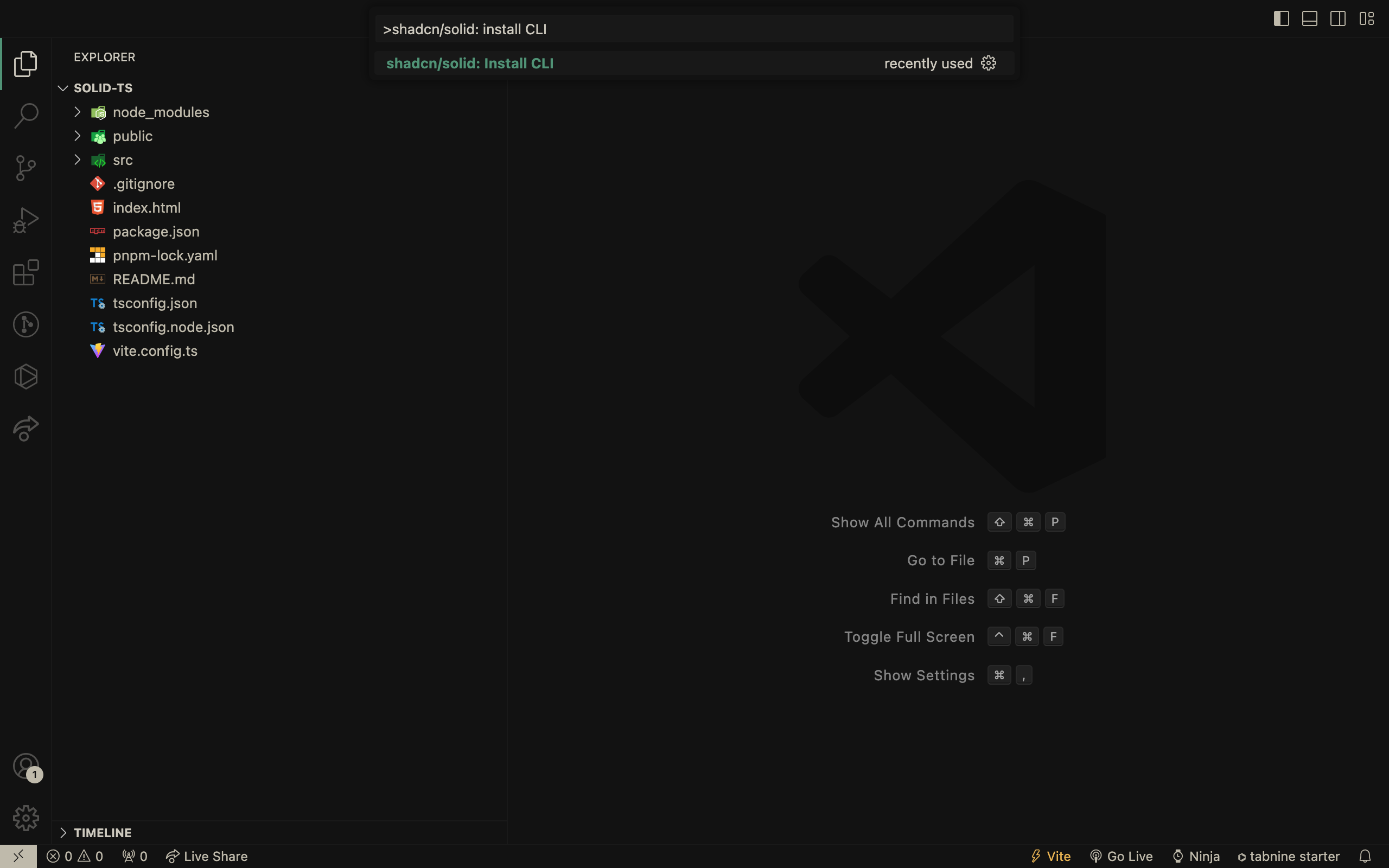 to initialize CLI open the command palette and search for shadcn/solid: install cli command