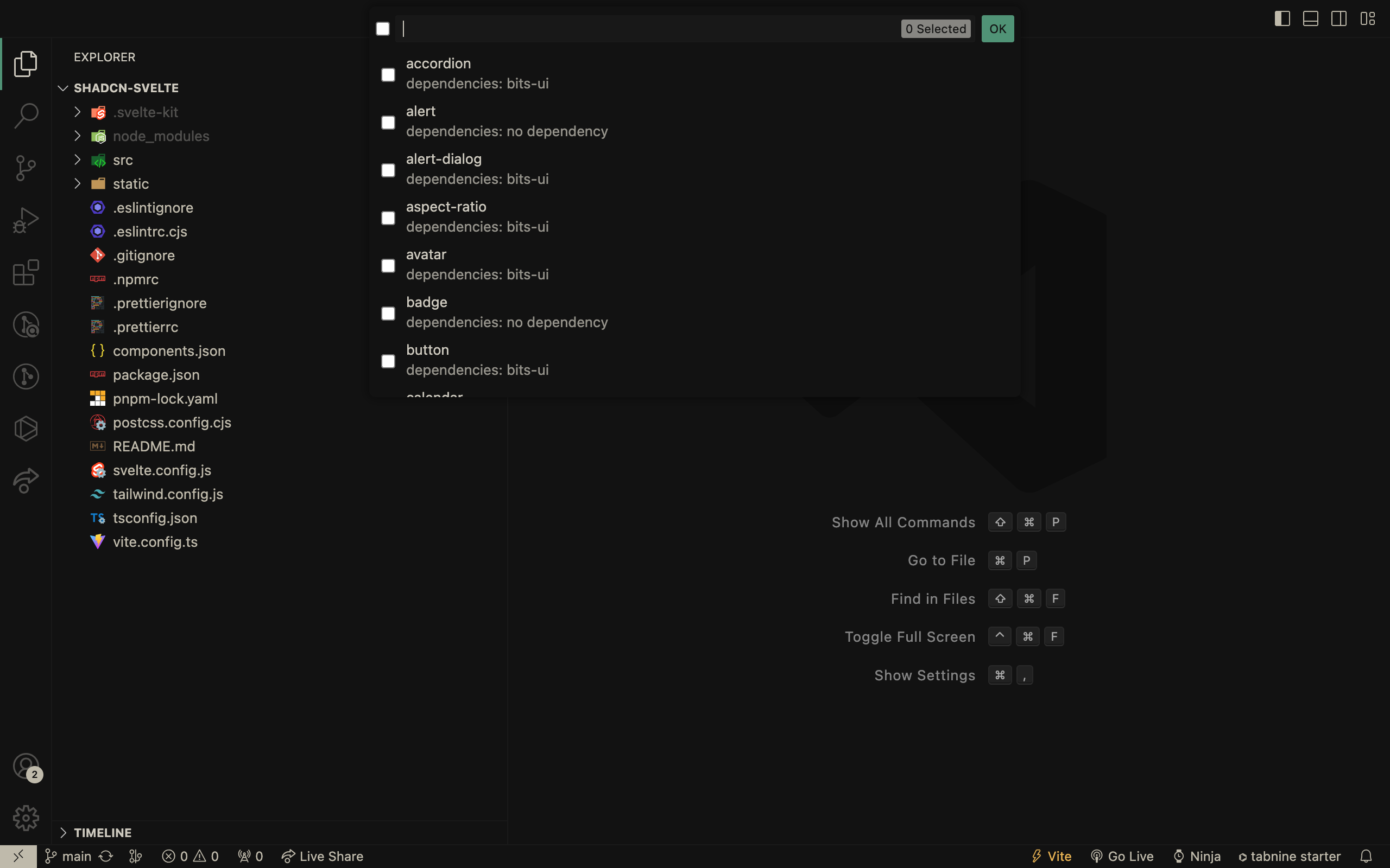 choose components to install from the list