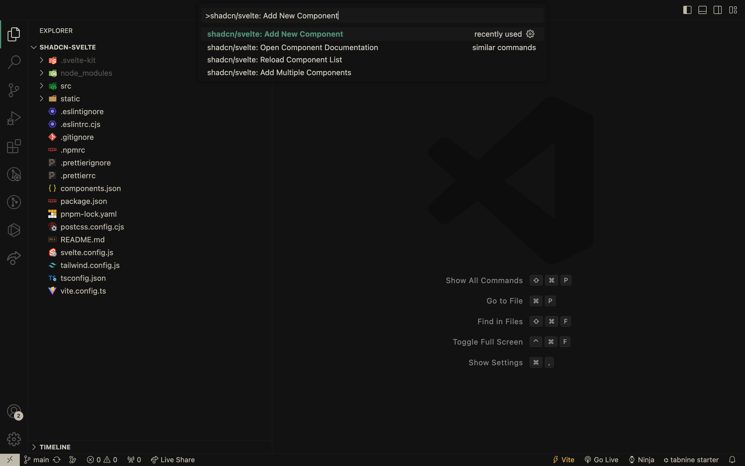 to initialize CLI open the command palette and search for shadcn/svelte: add new component