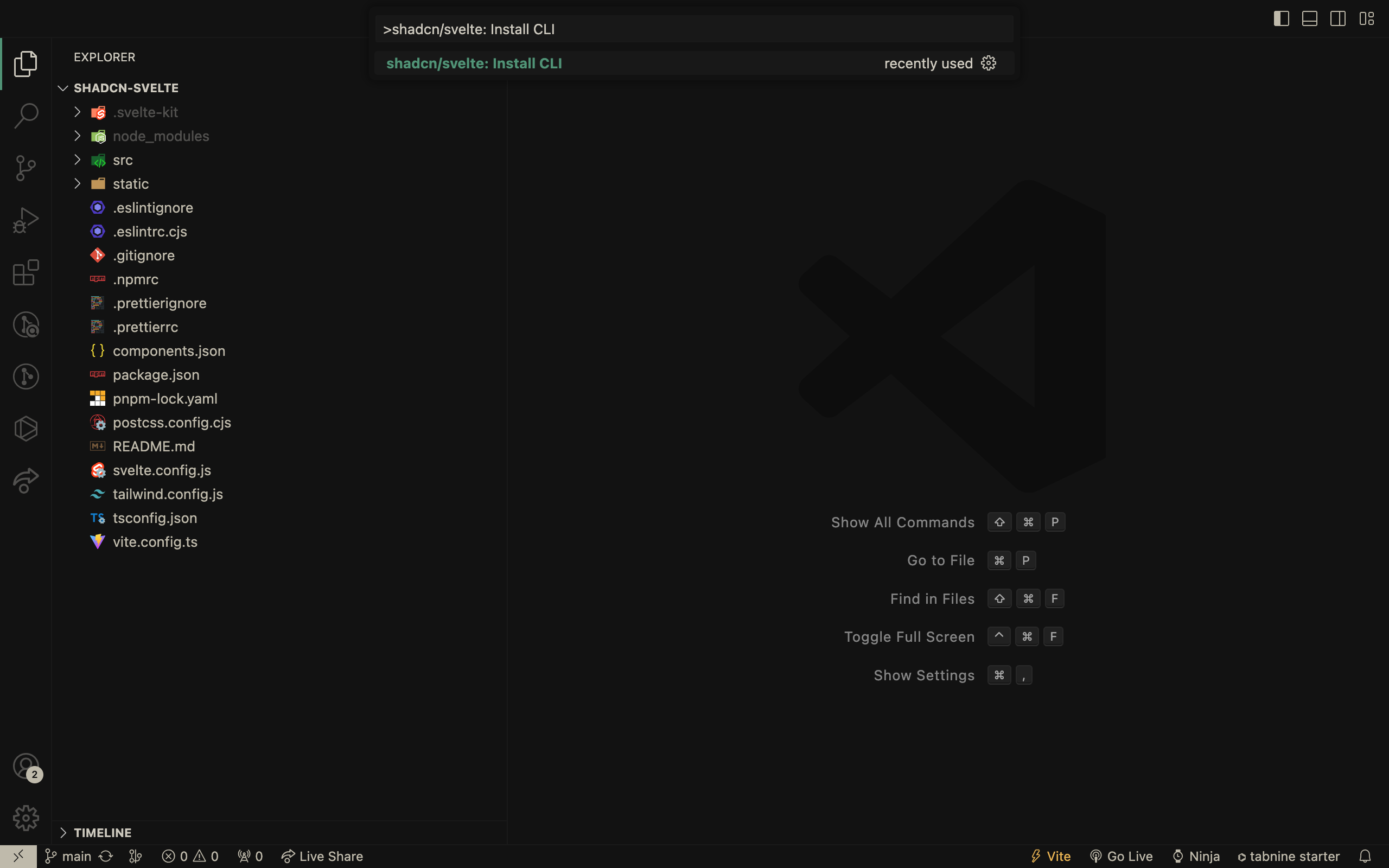 to initialize CLI open the command palette and search for shadcn/svelte: install cli command