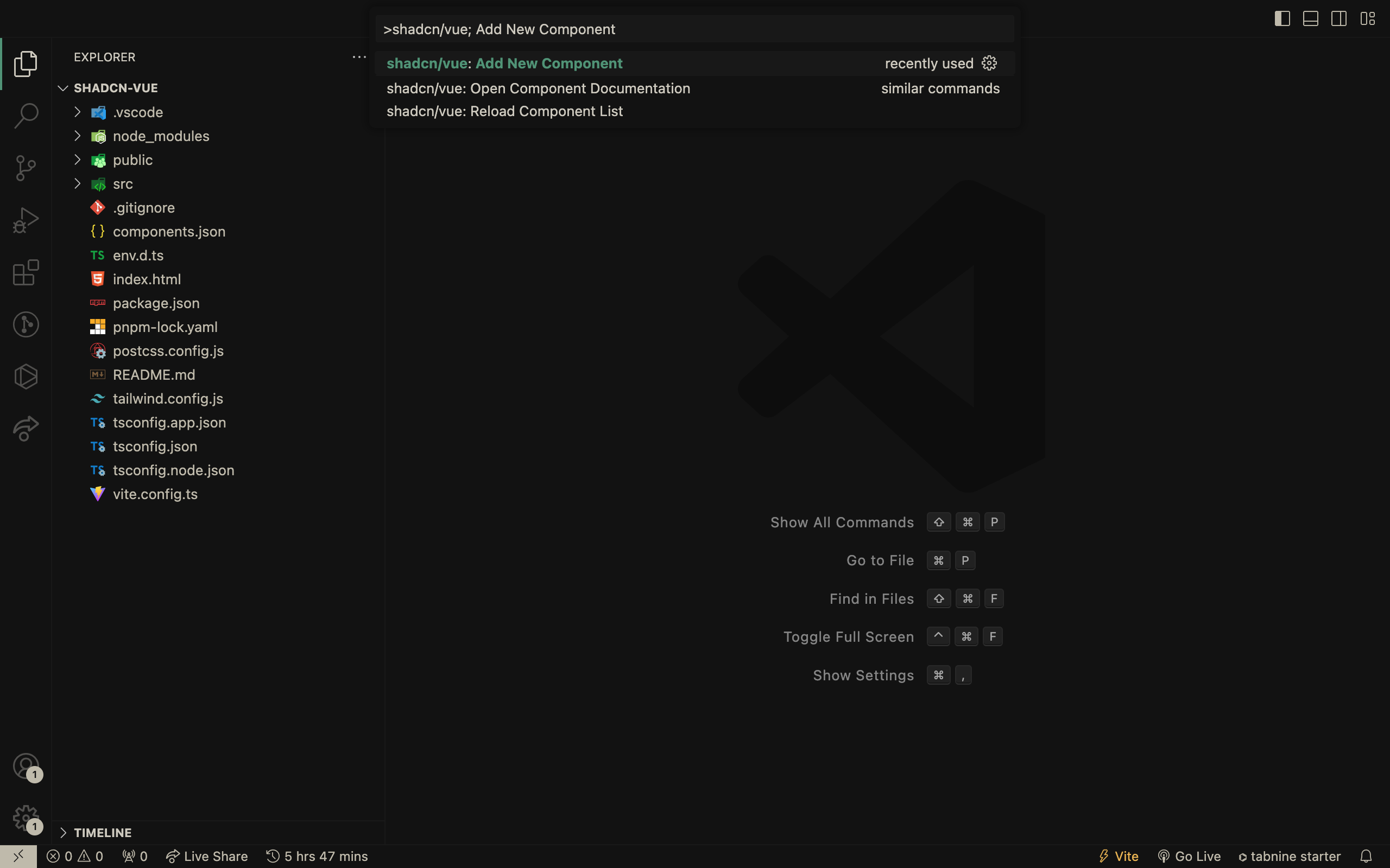 to initialize CLI open the command palette and search for shadcn/vue: add new component