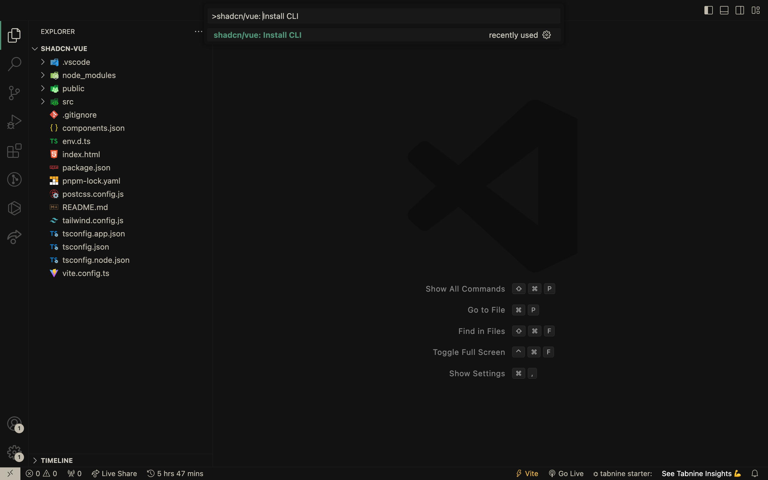 to initialize CLI open the command palette and search for shadcn/vue: install cli command