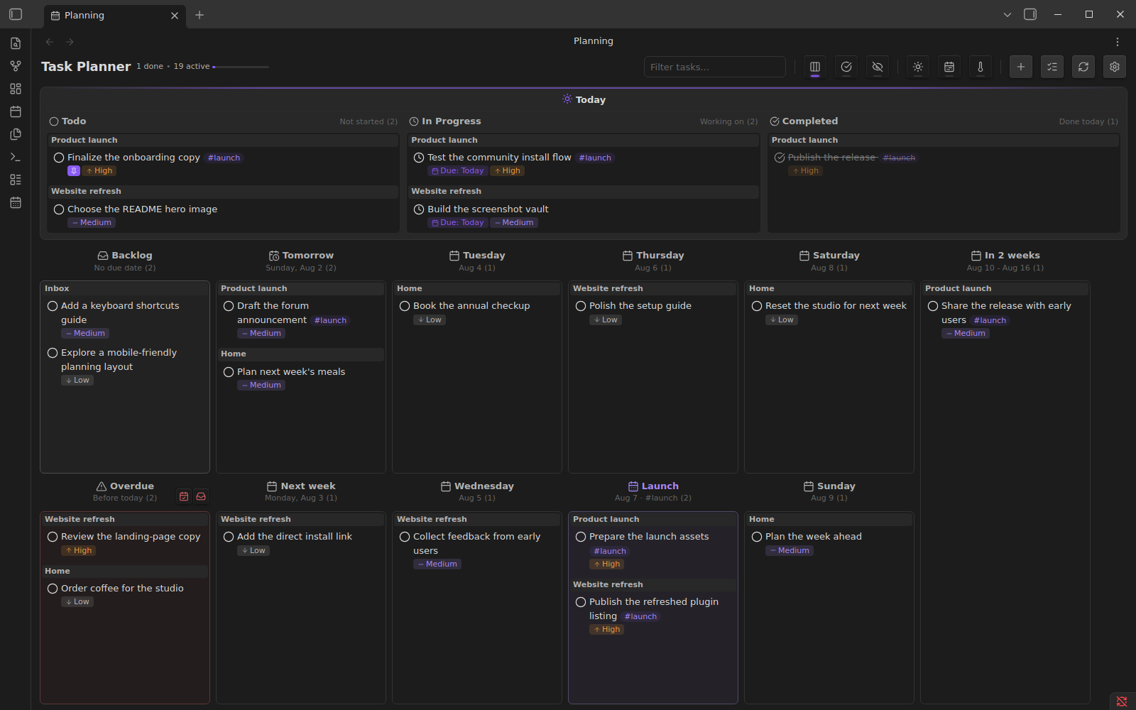 Task Planner in Obsidian showing Today columns and future horizons for backlog, overdue, weekdays, and a custom launch date