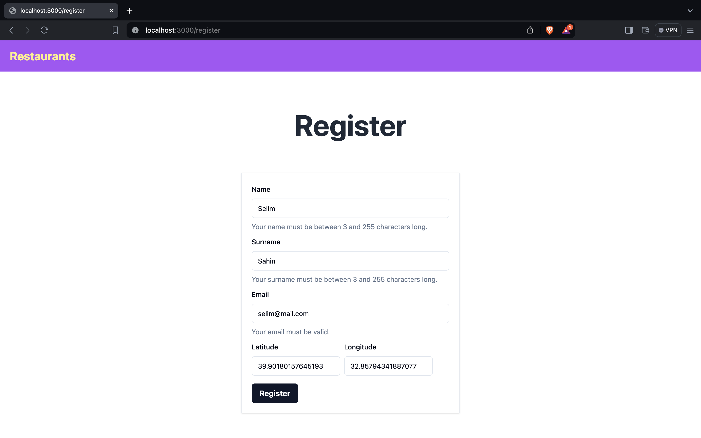 Registration page