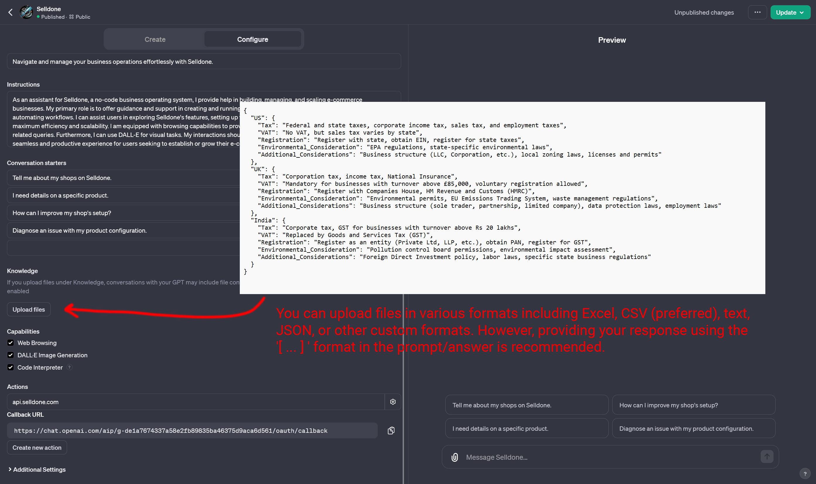 Upload knowledge files and choose capabilities