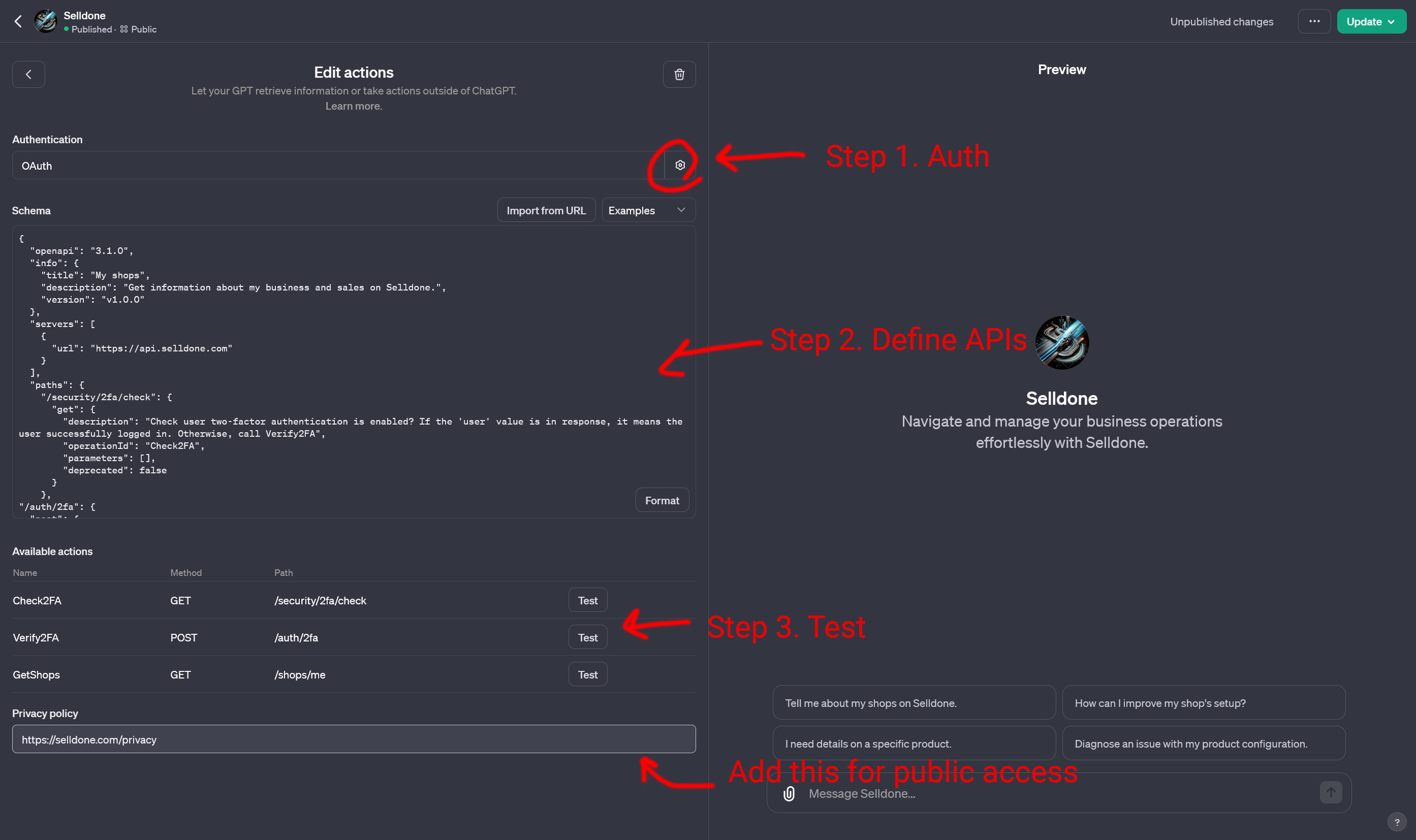Edit actions: authentication, schema, test buttons and privacy policy