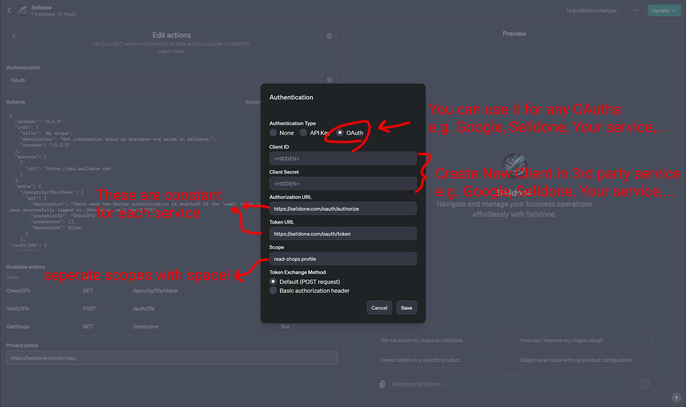 OAuth authentication dialog in the GPT editor