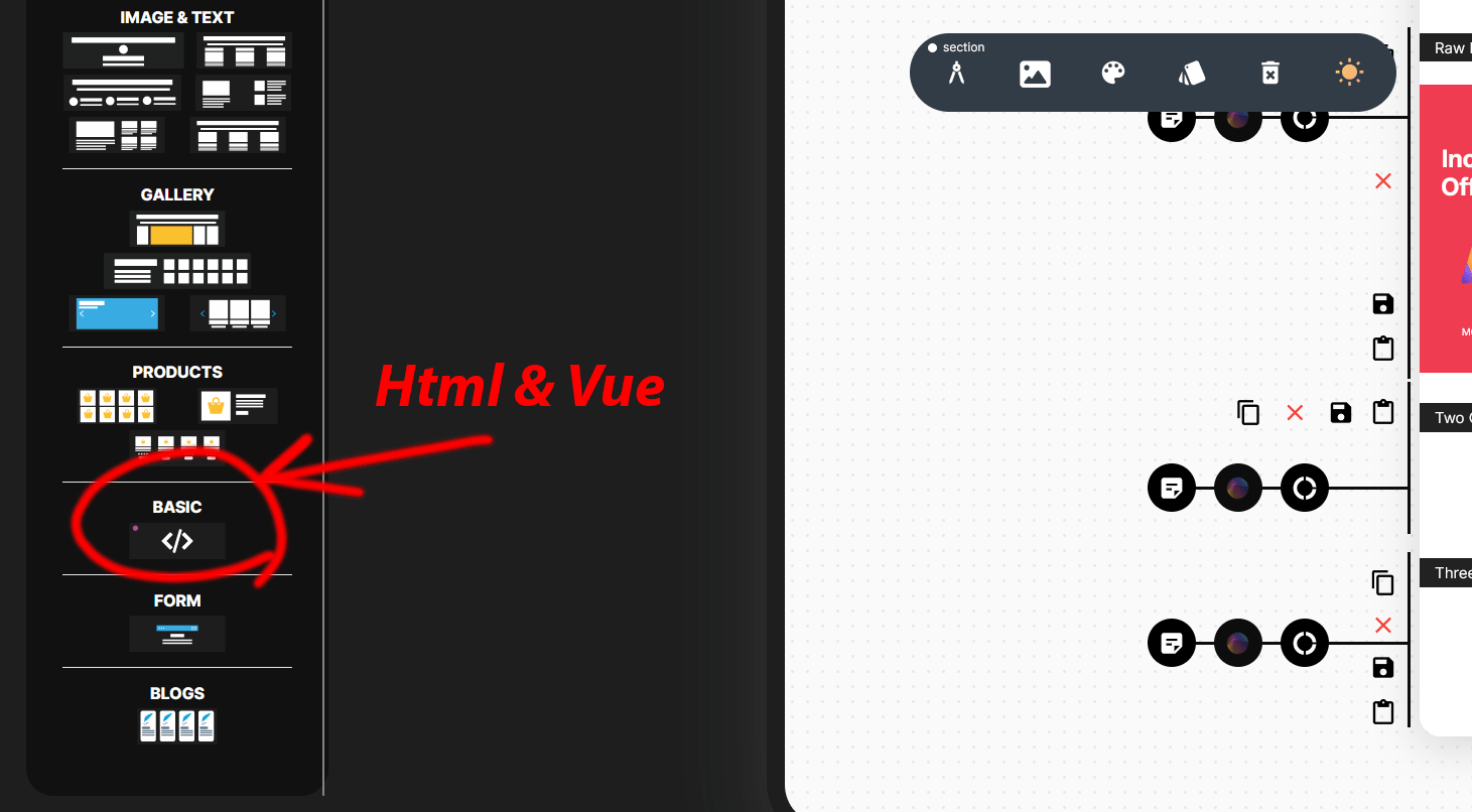 Page Builder Raw HTML section with the Add Custom Code Here button