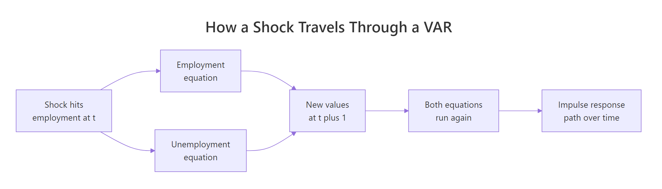 Diagram showing a shock entering one equation and being carried forward by every equation to produce a response path
