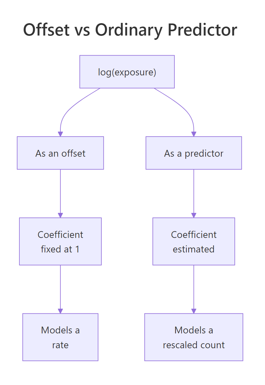 The same log(exposure) term means two different models depending on whether its coefficient is fixed or estimated.