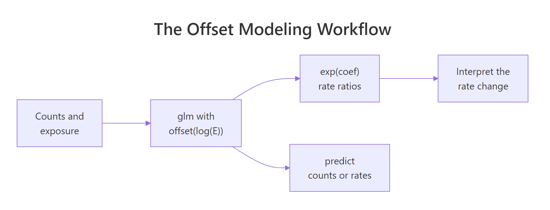 The offset modeling workflow from raw counts to interpreted rate ratios.