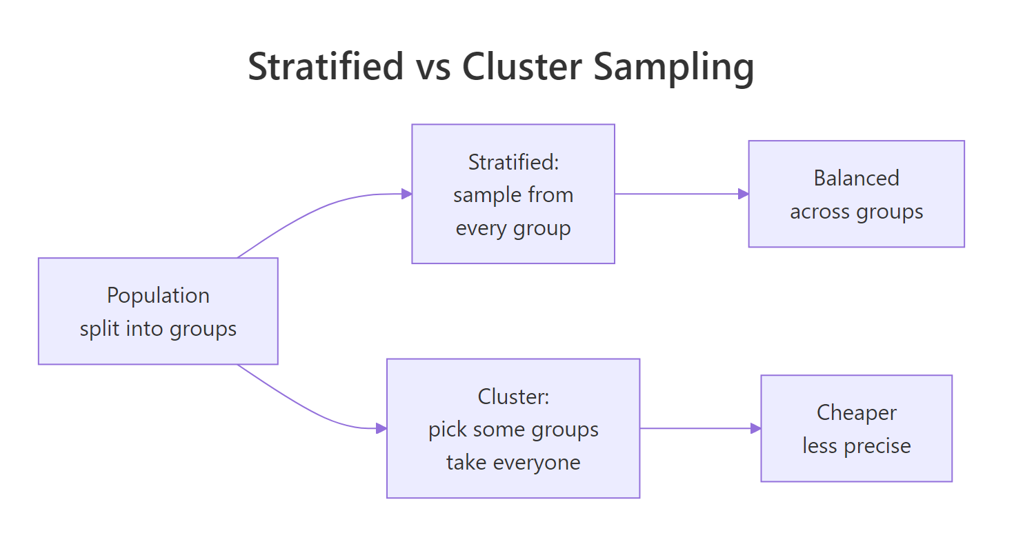 Stratified sampling draws from every group; cluster sampling picks whole groups and takes everyone in them.