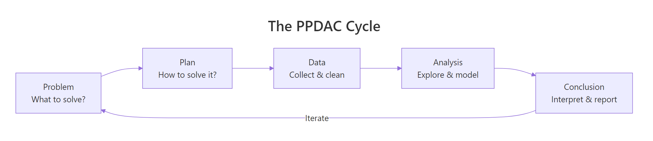 The PPDAC cycle: Problem, Plan, Data, Analysis, Conclusion, and back again.