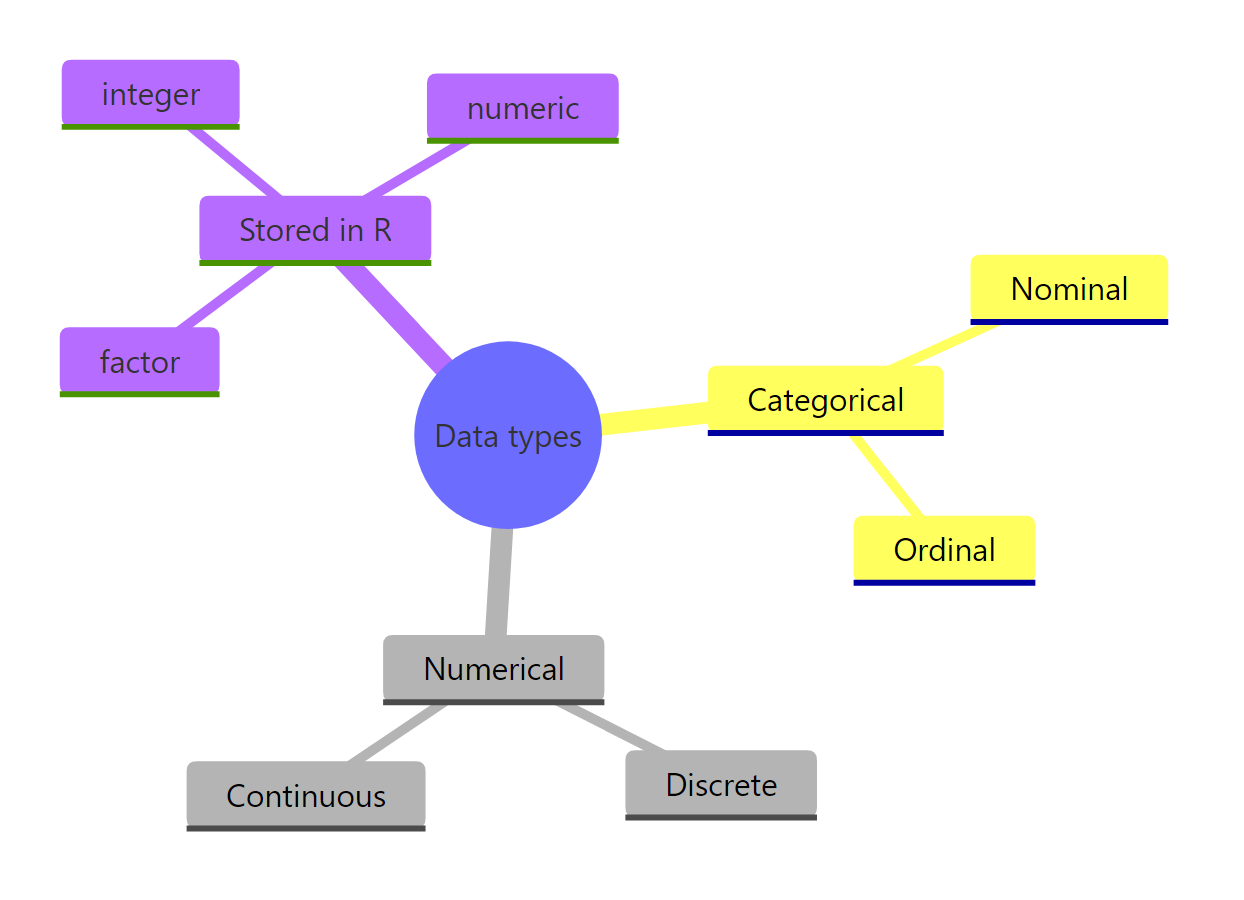 Overview mindmap of data types: categorical splits into nominal and ordinal, numerical into discrete and continuous, stored in R as factor, integer, and numeric