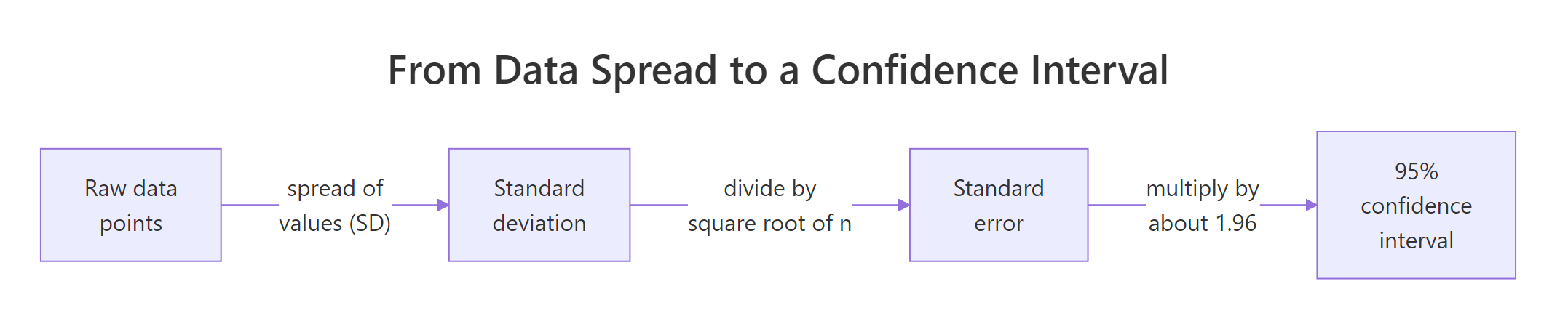How a spread of data points becomes a standard error and then a 95% confidence interval.