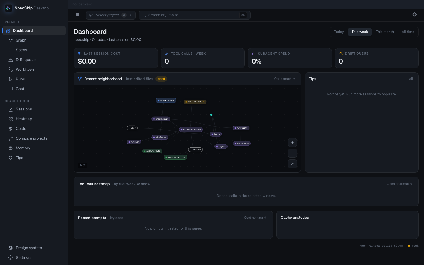 SpecShip Desktop dashboard — stat tiles, recent neighborhood mini-graph, tips, tool-call heatmap and recent-prompt rollup at a glance