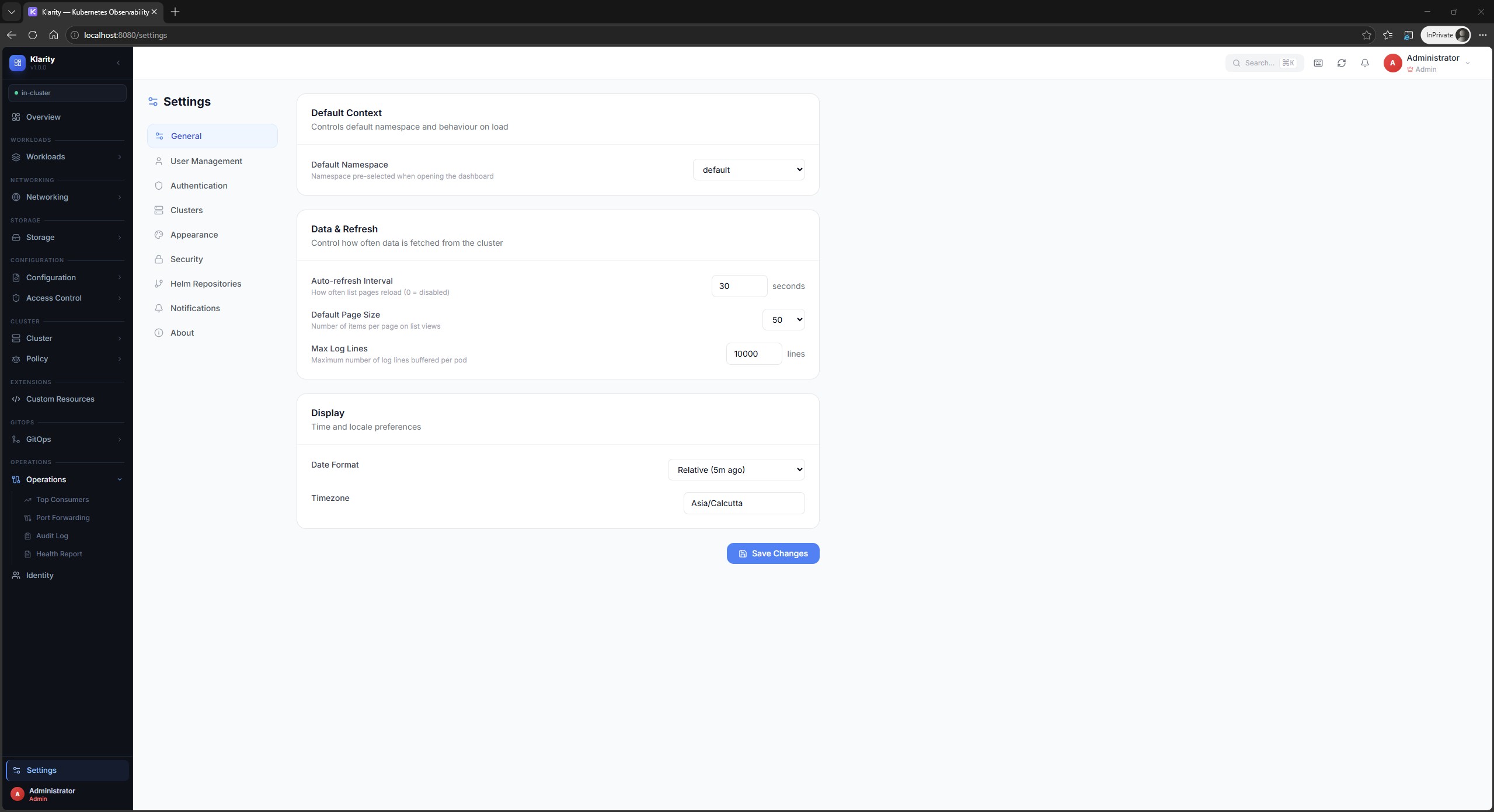 Settings page
